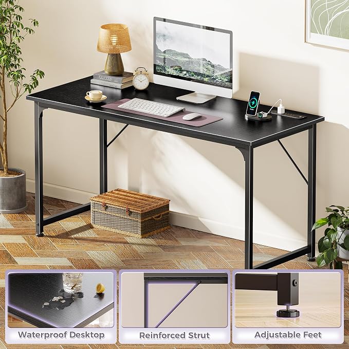 PRAISUN 55 X 20 Inch Computer Desk, Power Outlets, USB-C, Black | Office Desk with 4 AC Outlets, USB & USB-C, Sturdy Metal Frame, Spacious Desktop for Work, Writing, Study & Gaming