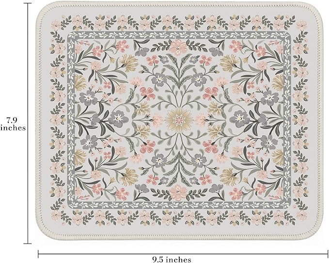 iCasso Aesthetic Small Mouse Pad, 9.5x7.9in,Home Office,Gray Floral | Mini Portable Travel Mousepad, Anti-Slip and Comfortable Cloth Mouse Mat with Stitched Edges for Computer, Home