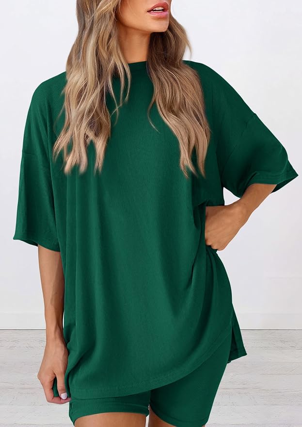 PRETTYGARDEN Women 2 Piece Lounge Set 2026 Summer Casual Oversized Shirts Biker Shorts Matching Airport Travel Outfit Clothes