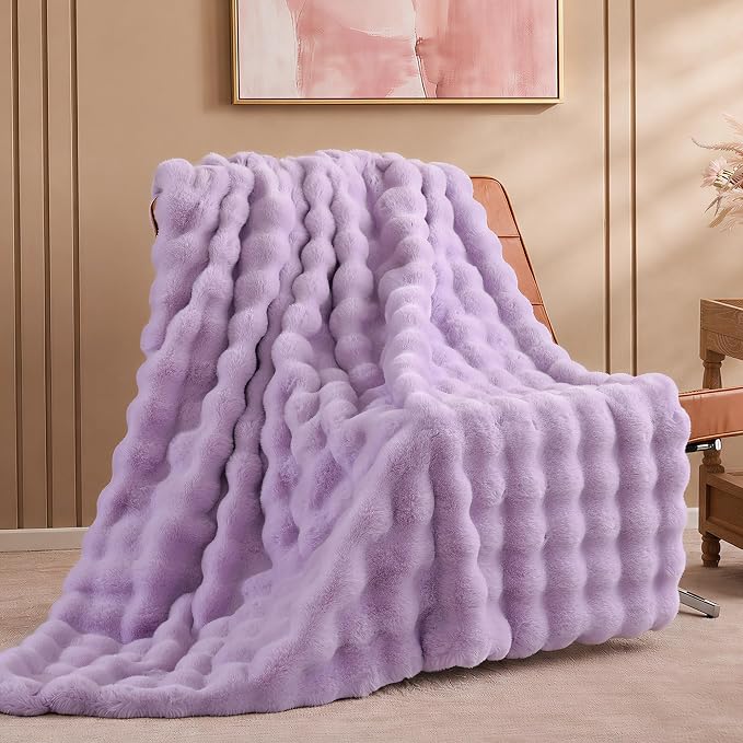Faux Fur Throw for Couch - Light Purple Bubble Blanket 60"x80" | Fluffy Plush Fuzzy Throw for Sofa & Bed, Super Soft Cozy Comfrt Blanket, Luxury Aesthetic Purple Decor Gift for Women