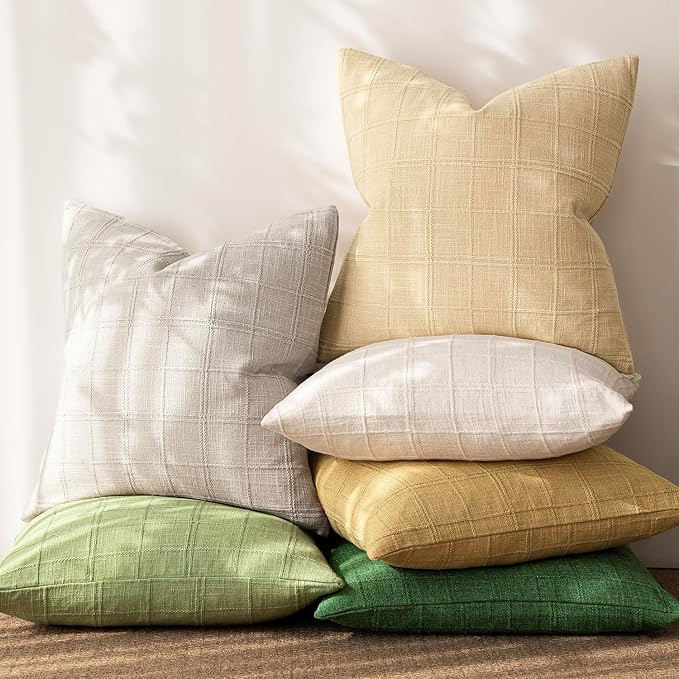 Foindtower Set of 2 Decorative Linen Check Throw Pillow Covers Neutral Farmhouse Vintage Cushion Covers Modern Coastal Boho Home Decor for Sofa Chair Couch Bedroom Living Room,24×24 Inch,Light Grey