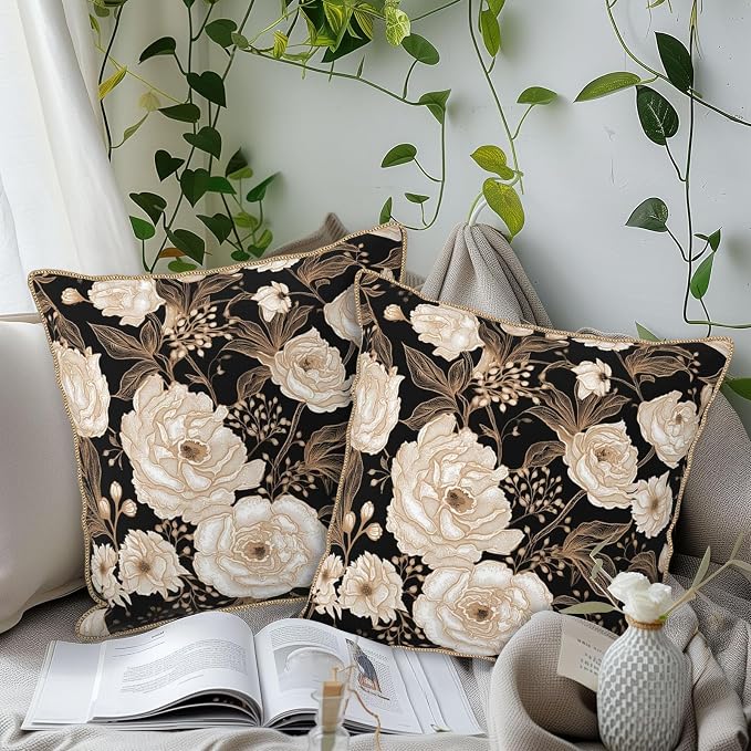 Vintage Peonies Roses Flower Velvet Pillow Covers 20x20 Inch Gold White Aesthetic Floral Leaves Throw Pillows For Couch Cushion Covers Pillowcase Farmhouse Pillow Cases for Sofa Bed Living Room