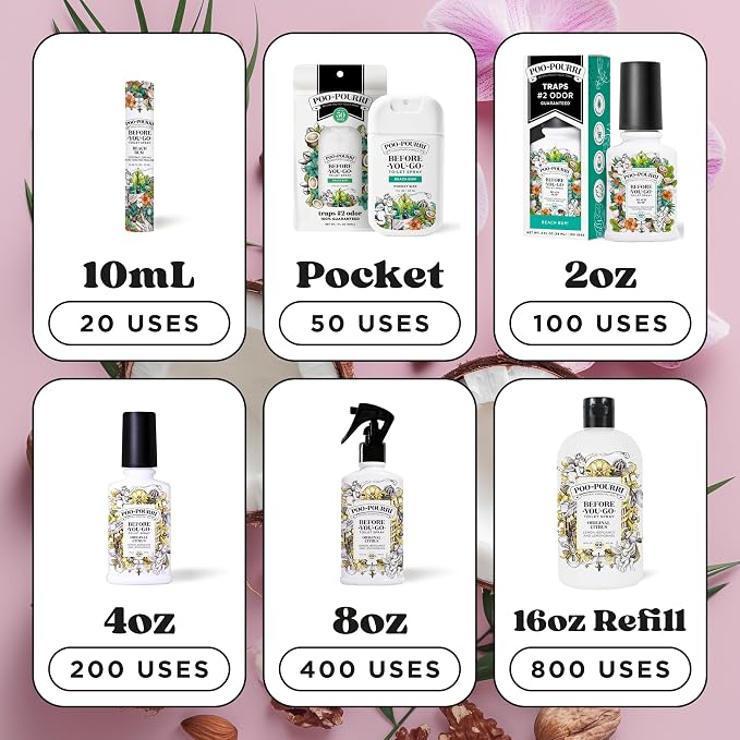 Poo-Pourri Before-You-Go Pocket Toilet Spray, Travel Essentials, Beach Bum, 1 Fl Oz, Up to 50 Uses, On-The-Go Bathroom Odor Deodorizer with Essential Oils, TSA Approved Size, Coconut Orchid Scent