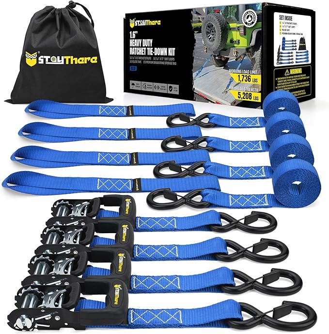 Stay There Heavy Duty Ratchet Tie Down Straps - 5208 Lbs Breaking Strength 1.6" x 8', Includes 4 Heavy Duty Ratchet Padded Handles – Coated Deep S-Hook & Carry Bag (Blue)