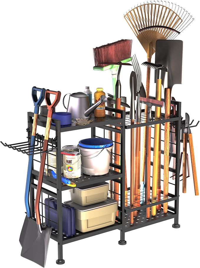 GIOTORENT 6 Tier Garden Tool Organizer, Garage Storage and Organization, Metal Yard Tools Storage Rack, Heavy Duty Garden Tool Organizer for Garage, Yard, Patio, Shed, Indoors and Outdoors, Black