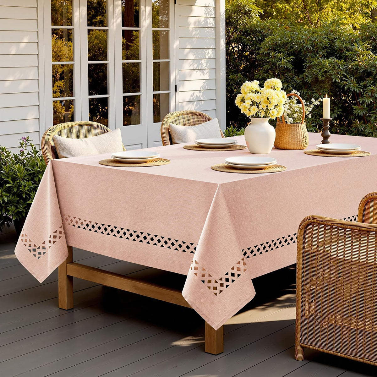 MIULEE Pink Rectangle Linen Polyester Tablecloth with Decorative Cutouts Spring Waterproof Stain Resistant & Shrink-Proof Table Cloth 60x84 inch Farmhouse Style for Dining Wedding and Outdoor