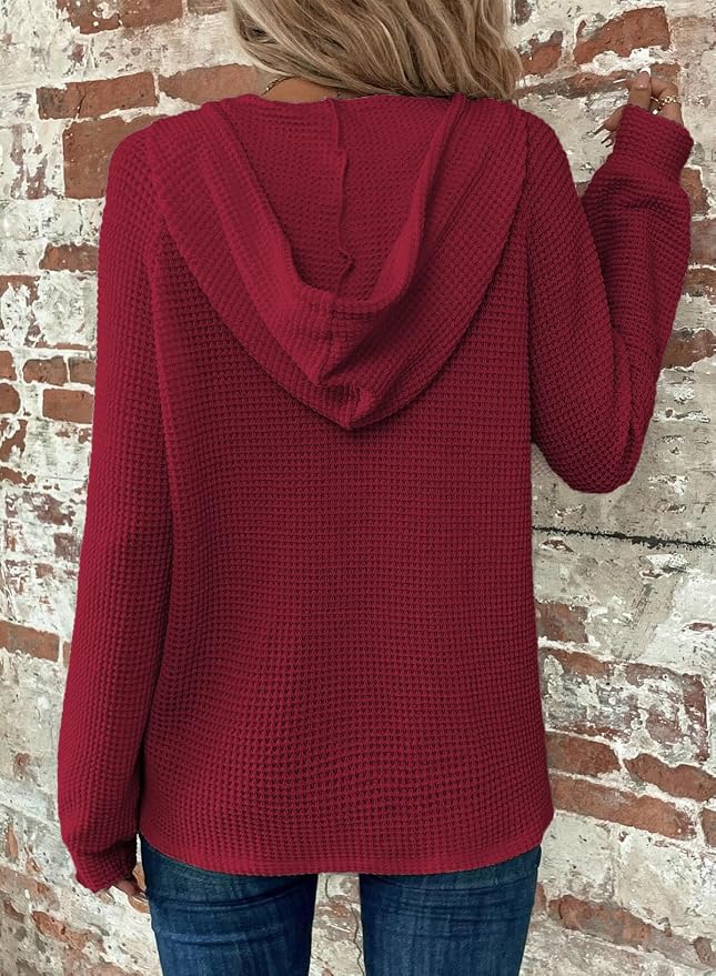 Dokotoo Hoodies for Women Waffle Knit Long Sleeve Drawstring Button V Neck Casual Sweatshirt Hooded Tops Fashion Clothing