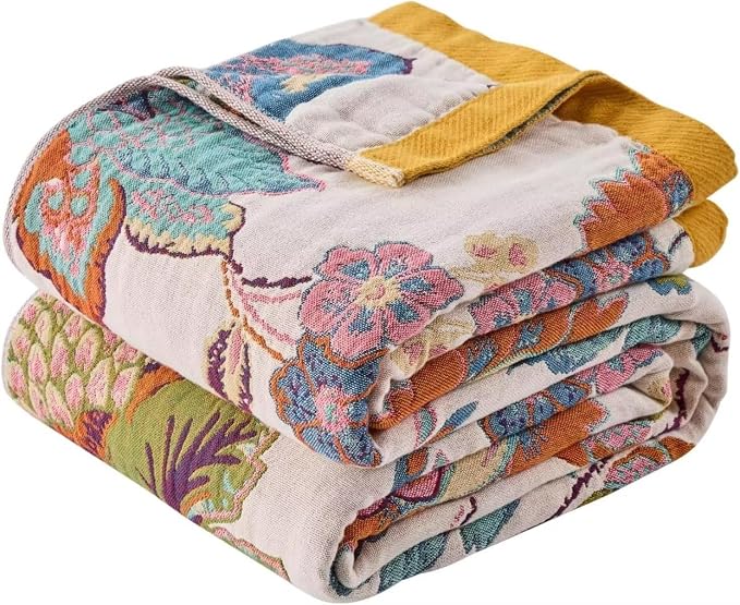 Boho Throw Blanket Farmhouse Decor Throw Blanket Bohemian Blanket for Bed 100% Cotton Muslin Woven Couch Blanket All Seasons Quilt Bedroom (B-Beige, 80"x90")