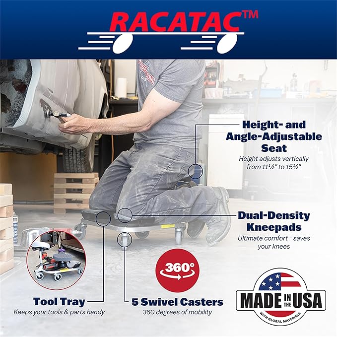 Racatac Kneeling Sitting Creeper, 3 Inch Casters, Knee Pads, Adjustable Seat, Made in the USA, 01RAC3