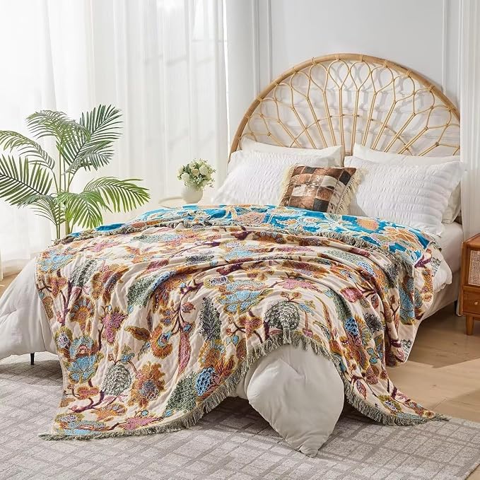 Boho Throw Blanket Farmhouse Decor Throw Blanket Bohemian Blanket for Bed 100% Cotton Muslin Woven Couch Blanket All Seasons Quilt Bedroom (E-Beige, 60"x80")