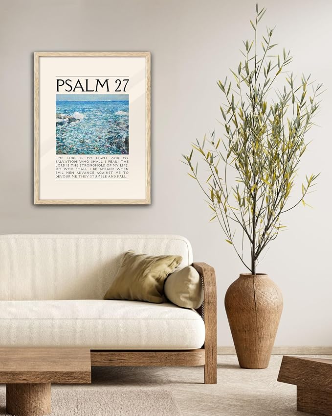 EcoHest 12x16 in Psalm 27 Ocean Framed Bible Verse Christian Wall Art | Natural Oak Wood Frame with Canvas Wall Art, Coastal Scripture Wall Decor for Bedroom, Living Room, Office, Church, 1Pack