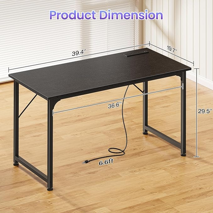 PRAISUN 40 X 20 Inch Computer Desk, Power Outlets, USB-C, Black | Office Desk with 4 AC Outlets, USB & USB-C, Sturdy Metal Frame, Spacious Desktop for Work, Writing, Study & Gaming