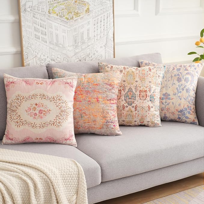 Boho Floral Throw Pillow Covers 16x16 inch Set of 2,Cream Boho Rug Geometric Floral Pattern Decor Double Sided Pattern Cushion Cover Soft Pillow Case Living Sofa Room Bed Square Pillow Cover