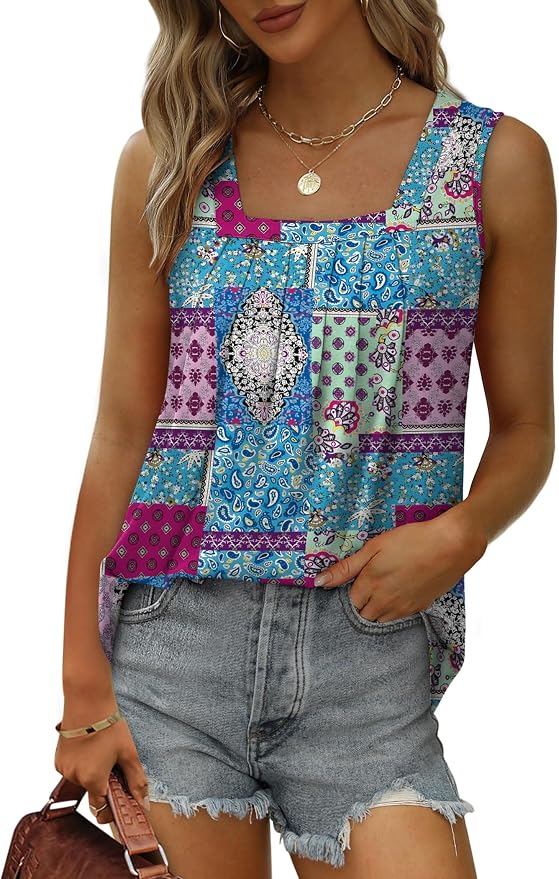 Saloogoe Summer Tank Tops for Women Loose Fit Pleated Square Neck Sleeveless Tops Curved Hem Flowy