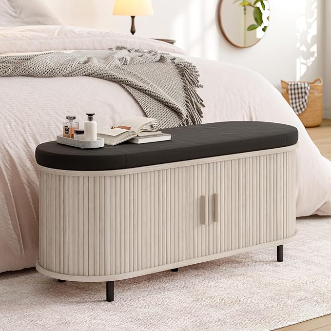 ONBRILL 43" Shoe Bench with Storage, Fluted Shoe Storage Bench with Cushion, Sliding Door and Adjustable Shelf, for Entryway, Hallway, Living Room, Natural White