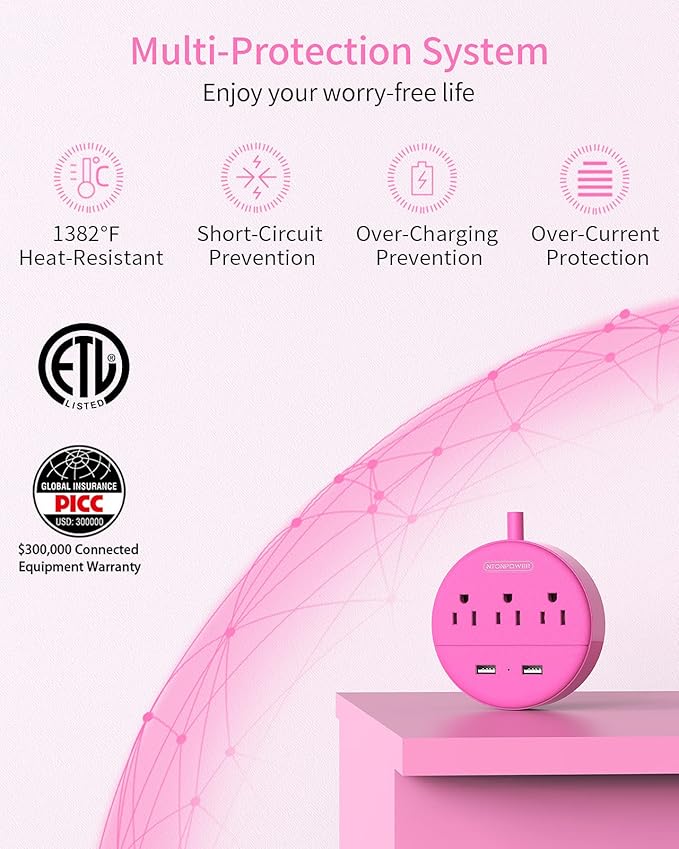 15 ft Extension Cord Power Strip with USB, NTONPOWER Mountable Power Strip Flat Plug with 3 Outlet 2 USB, ETL Listed, Desktop Charging Station, Compact Size for Home Office Dorm Room Nightstand, Pink
