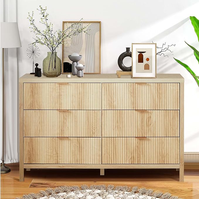 Fluted 6 Drawer Double Dresser for Bedroom, 47" Wide Modern Closet Dressers Chest of Drawers, Wood Storage Dresser Organizer for Nursery Bedroom Living Room Hallway Closet,Natural