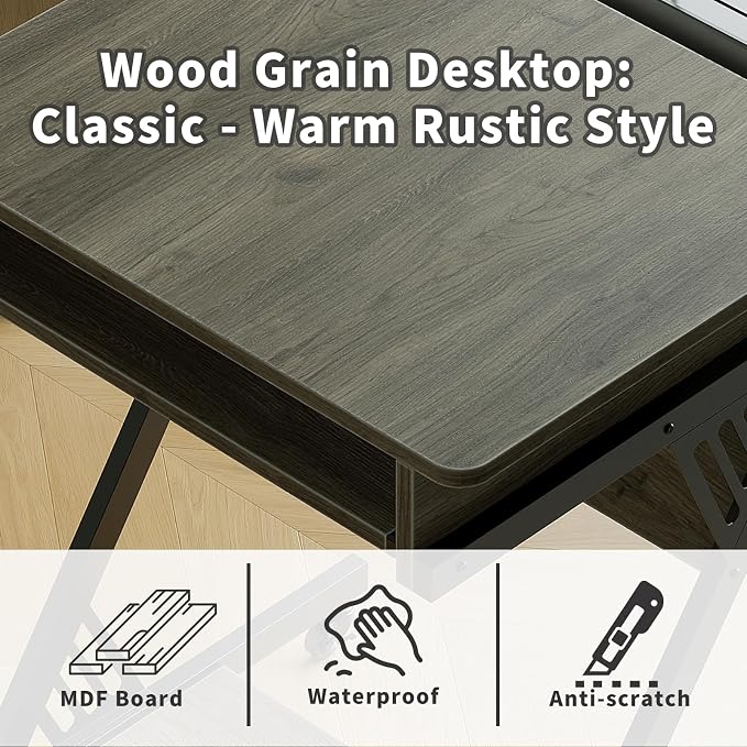 ALISENED Computer Desk for Small Spaces Compact Desk with Keyboard Tray | 23.6" Z-Shaped, with Wheels and Bottom Shelves, for Home Office, Computer Cart Mobile Laptop Cart, Grey