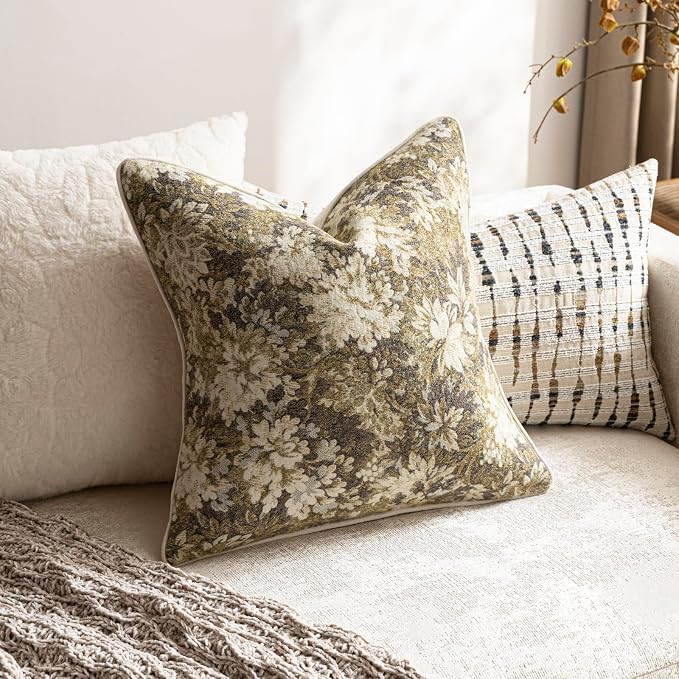 Pack of 2 Vintage Floral Euro Sham Covers 26x26 Boho Farmhouse Accents Chenille Square Decorative Throw Pillow Cases for Living Room Couch Bed Home Decor, Beige