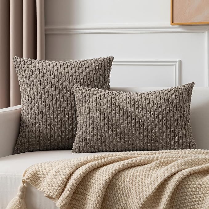 Kevin Textile Soft Corduroy 12"x20" Lumbar Pillow Cover 1 Pack, Light Brown | Boho Stripe Plush Corduroy Decorative Oblong Cushion Cover Modern Farmhouse Home Decor for Sofa Couch Bed Chair
