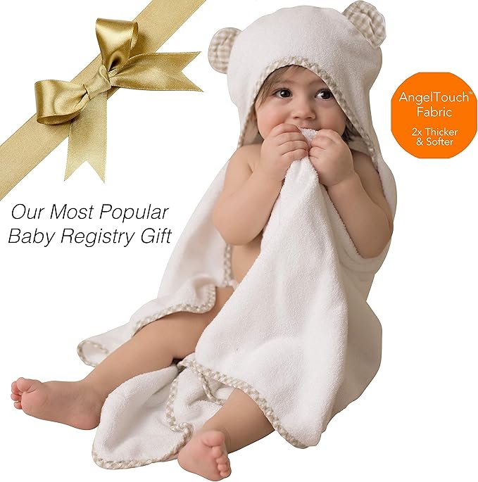 Channing & Yates Premium Organic Baby Towel Set - Soft Viscose Bamboo Hooded Towel & Washcloth - Girl & Boy Bath Essentials (Beige/White)