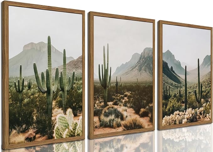 Framed Desert Landscape Wall Art Set of 3, Vintage Southwestern Cactus Wall Decor Paintings, Mexican Mountain Botanical Pictures Canvas Prints for Living Room Bedroom Bathroom Office 16x24 inch