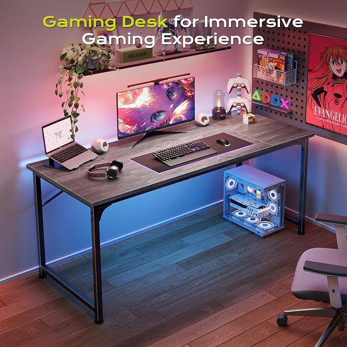 PRAISUN 55 Inch Computer Desk, Home Office Desk with Spacious Desktop, Grey | Modern Gaming Desk for Bedroom, Study, Work, Gaming & Writing, Large Legroom, Sturdy Metal Frame