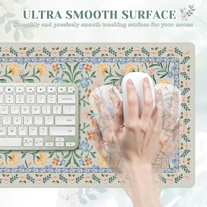 iCasso Aesthetic Flower Mouse Pad,23.6x13.7in, Green Floral | Desk Pad Mat, Desk Matt for Desktop Anti-Slip Mousepad with Stitched Edges for Laptop Computer Keyboard