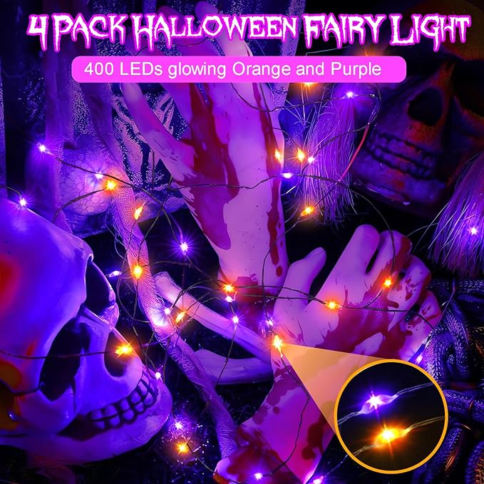 4 Pack Halloween Solar Fairy Lights 131.2Ft 400 LEDs Outdoor Twinkle Lights with 8 Modes, Waterproof Silver Wire String Lights for Garden Patio Party Decorations (Orange Purple)