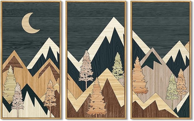 KUVIOKE Wooden Mountains Range Landscape Wall Art Framed Tree Nature Wall Decor Moon Rises Prints Bedroom Living Room Ready to Hang 8x16in3pcs Natural Framed