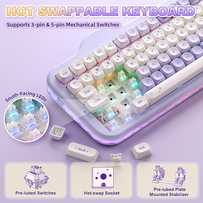 YUNZII C98 Cute Cake Wireless Mechanical Keyboard(Purple, Milk Switch) | 99 Keys with Number Pad, Hot Swap, PBT MOA Keycaps, BT5.0/2.4G/USB-C, Gasket Mount, Custom RGB Backlit for Win/Mac