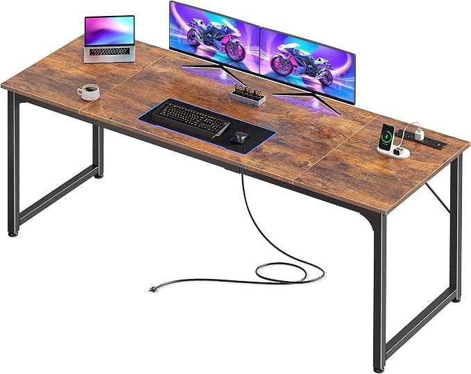 PRAISUN 70 X 24 Inch Computer Desk, Power Outlets, USB-C, Rustic Brown | Office Desk with 4 AC Outlets, USB & USB-C, Sturdy Metal Frame, Spacious Desktop for Work, Writing, Study & Gaming