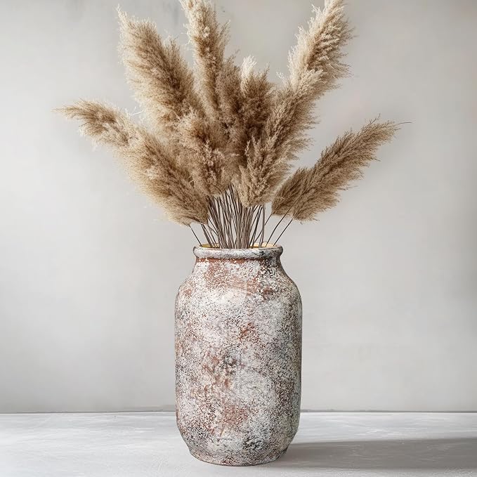 Ceramic Rustic Farmhouse Vase, Terracotta Pottery Flower Vase, Farmhouse Decor for Shelf, Table, Living Room, Bedroom Decor, 9 Inch