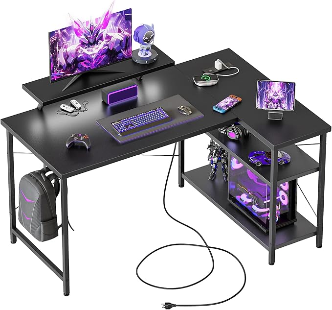 Mericonia 48 in Corner Desk with Monitor Stand, Small L Shaped Gaming Desk | Reversible Computer Desk with Power Outlets, LED Light & Storage Shelves, Office Table for Home Bedroom Study Work Writing