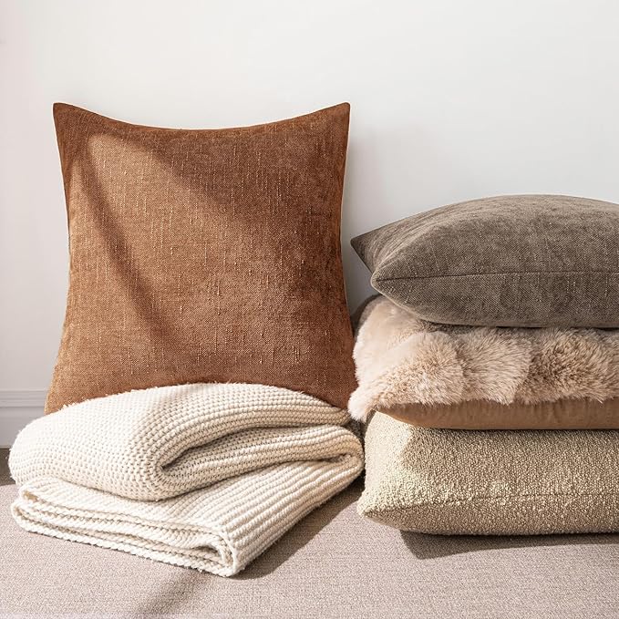 MIULEE Textured Chenille Throw Pillow Covers 20x20 Inch Pecan Brown | Pack of 2 Decorative Soft Throw Pillows, Solid Textured Cushion Covers, Modern Home Decor for Couch Sofa Bedroom Living Room