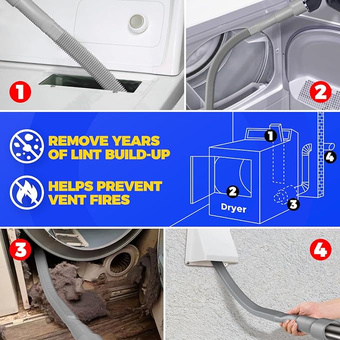 Holikme Dryer Vent Cleaner Kit – Gray Lint Vacuum Attachment | Dryer Vent Vacuum Hose Replacement Parts Reach Deep Inside Vents - Remove Hidden Lint, Speed Drying & Reduce Fire Risk