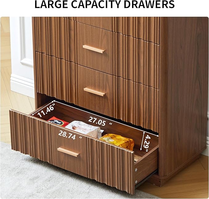 Fluted 5 Drawers Dresser for Bedroom, Wooden Tall Storage Dresser, Modern Chest of Drawers with Metal Handle, Curved Profile Wood Closet Clothes Storage Organizer for Living Room, Hallway, Walnut
