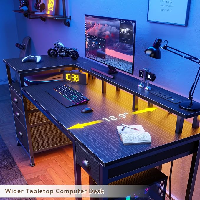 Furologee 60" Black Computer Desk with 4 Drawers and Printer Space, Gaming Desk with LED Lights and USB Power Outlets, Home Office Desk with Fabric File Cabinet,Study Work Table with Shelf for Bedroom