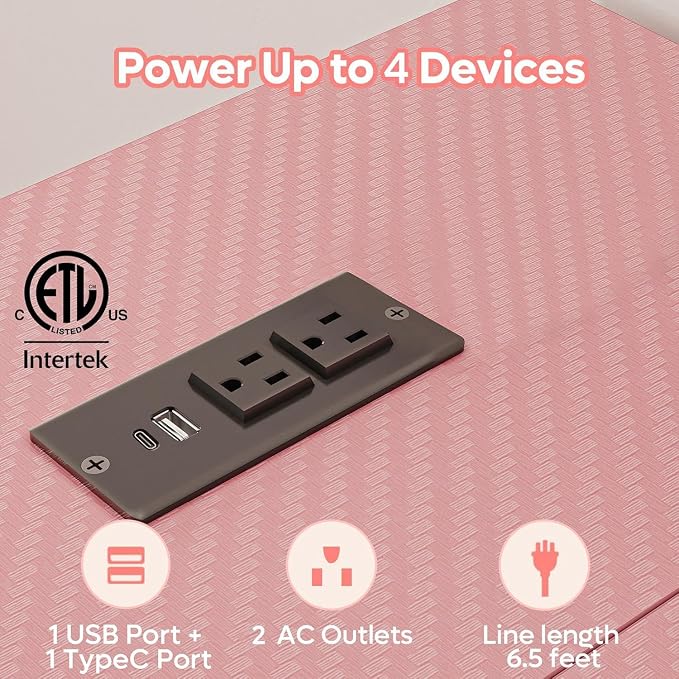 Bestier 42-Inch Pink L-Shaped Gaming Desk with Charging & LED | Charging 2AC+USB+Type-C, RGB LED 20 Colors/22 Modes, Reversible Shelves, Carbon Fiber Texture, Headset Hook, Small Space