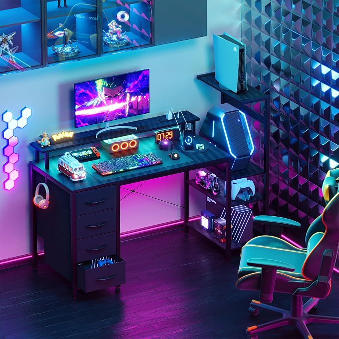 51 Inch Gaming Desk with Drawers & PC Tower Stand & LED Lights, Black | Reversible, Monitor Shelf, Power Outlets, Carbon Fiber, Mesa Gamer, Computer Desk with Storage, Gaming Table for Home Office
