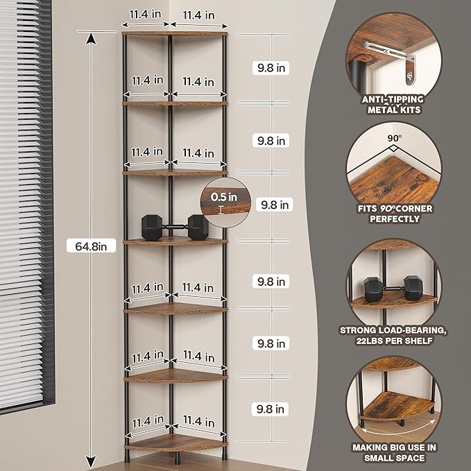 Corner Plant Stand Shelf, 7 Tier Tall Plant Stand for Indoor Plants, Rustic Brown Corner Book Wall Decor Living Room, 64.7" Display Shelf for Bedroom, Bathroom, Small Space