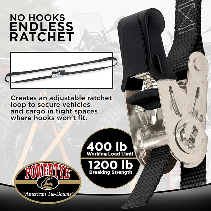 PowerTye - Endless Ratchet Strap - 1in x 4ft Easy Grip (Hookless), Tie Down Strap w/ 400 lb. Working Load Limit / 1,200 lb. Break Strength, Ideal for Motorcycle, Truck Beds, & Cargos, Yellow 2-Pack