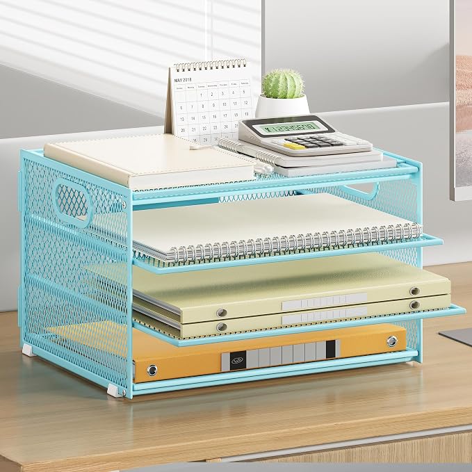 Subekyu Paper Letter Tray Organizer for Desk, Blue Metal Mesh Desk File Sorter Organizer with Handle and 2 Sliding Trays for Home Office School Supplies Organization