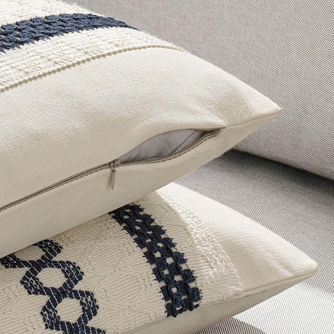 MIULEE Set of 2 Navy Blue Boho Decorative Pillow Covers 18x18 Inch | Farmhouse Couch Throw Pillows, Modern Coastal, Cotton Cushion Covers, Macrame Woven Home Decor for Bed Sofa Chair