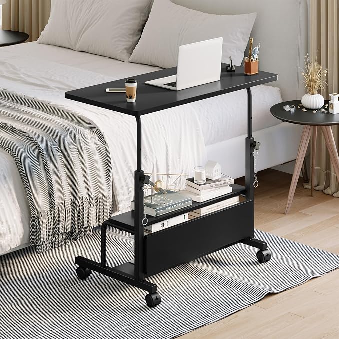 DUMOS Rolling Desk, Storage Shelves, Laptop Table, Home Office | Height Adjustable Design, Computer Desks on Wheels, Portable for Small Spaces Use, Black