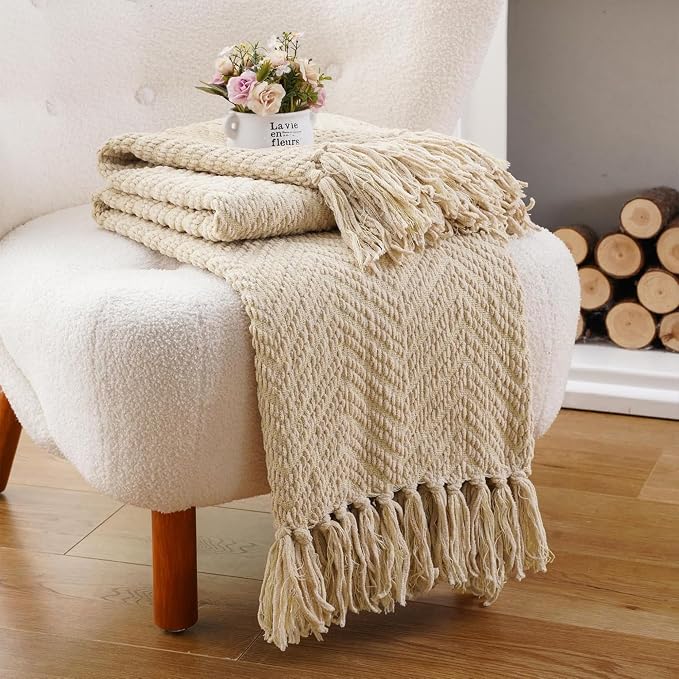 BATTILO HOME Beige Throw Blanket for Couch, Knitted Beige Throw for Bed, Neutral Throw Blankets Tan Throw Blanket for Room Decor Housewarming Gifts, 50" x 60" | Knitted Beige Blanket for Bed, Neutral Throw Blanket Warm Decorative Tan Throw Blankets for...
