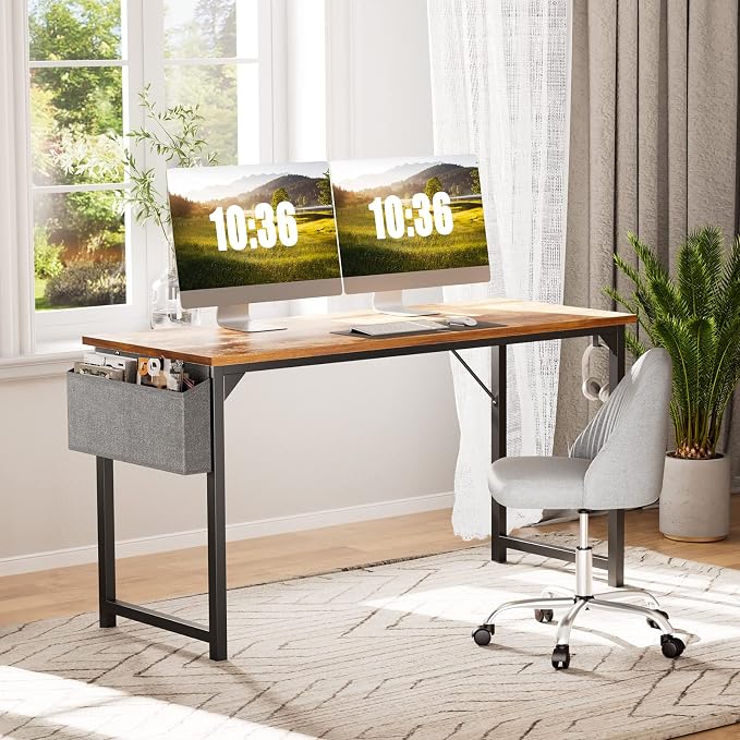 Sweetcrispy 55-Inch Small Computer Desk for Bedroom, Brown | Gaming Writing Work and Study Desk for Home Office, Sturdy Metal Frame and Compact Modern Design with X-Shaped