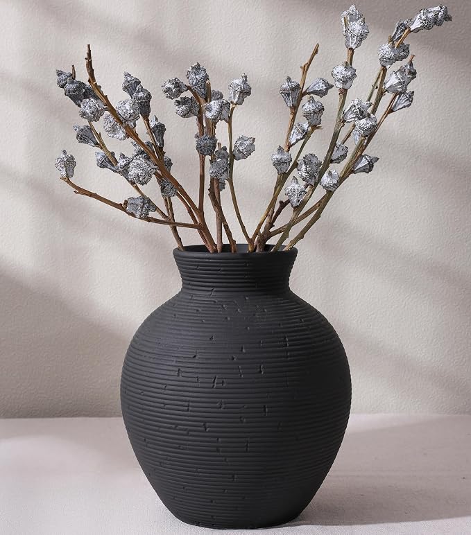Ceramic Flower Vase Home Decor, 7.4 in Farmhouse Table Vases Retro Vintage Living Room Kitchen Bedroom Decoration Pottery Decorative Vases for Flowers House Shelf Office Desk Dining Entryway, Black