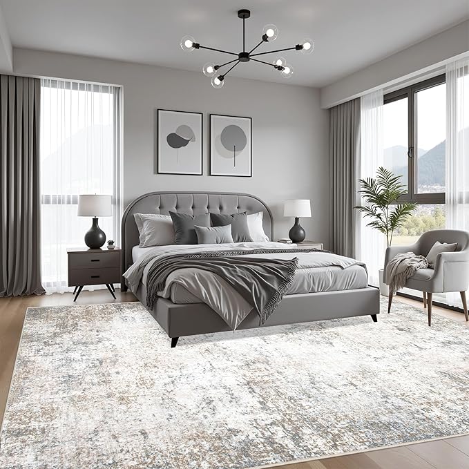 8x10 Area Rug Living Room Rug: Washable Modern Abstract Soft Thin Rug Indoor Floor No Slip Stain Resistant Carpet for Bedroom Dining Room Farmhouse Nursery Home Office - Brown Grey