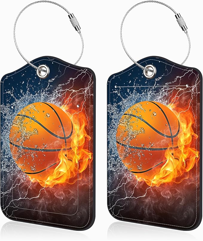 Basketball on Fire Set of 2 Luggage Tags for Suitcases Leather Suitcase Tags Identifiers with Privacy Name Address Label and Stainless Steel Loop for Women Men Travel Luggage Accessories